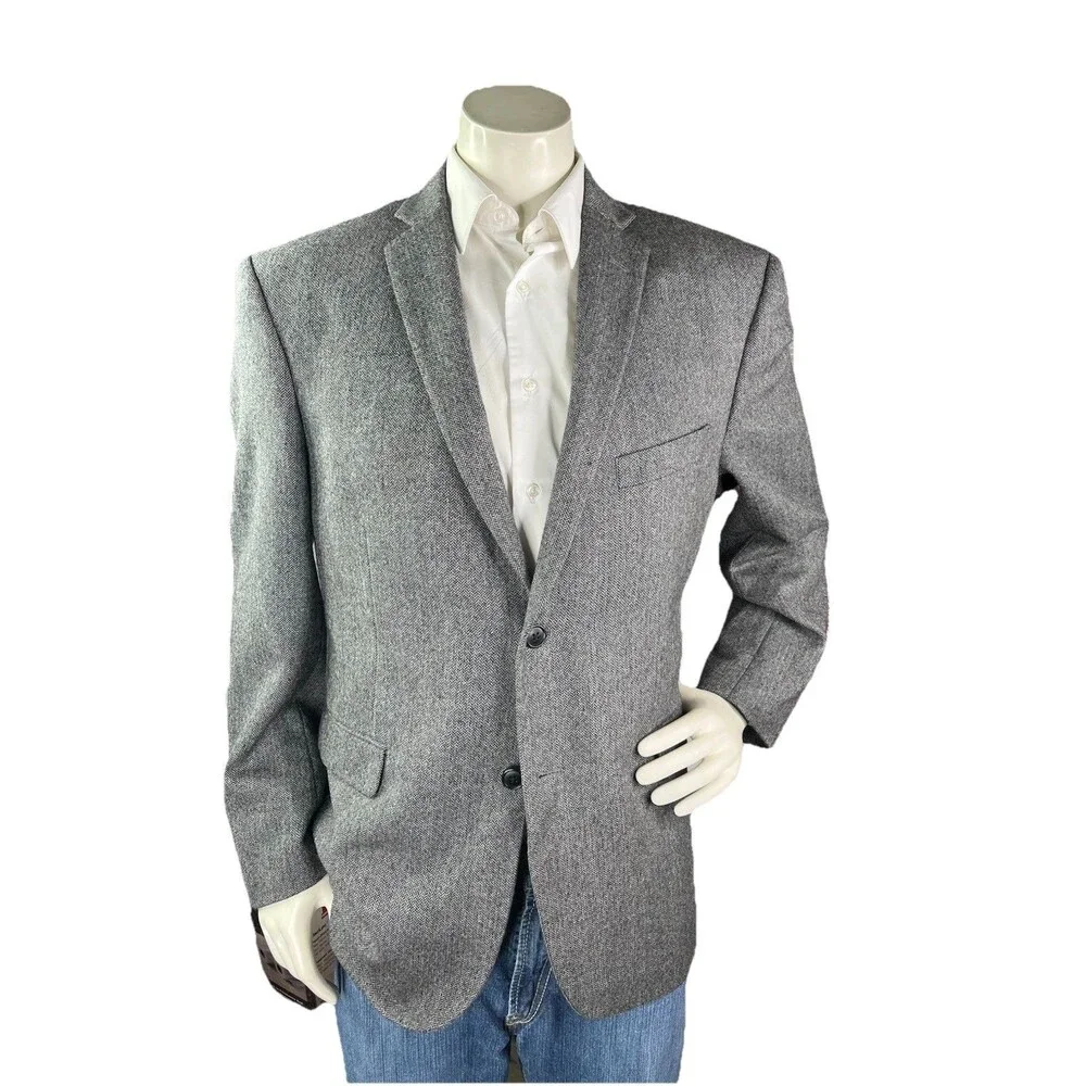 Adolfo Mens 44R Tweed Gray Wool Blazer Jacket Sport Coat Herringbone Lambswool